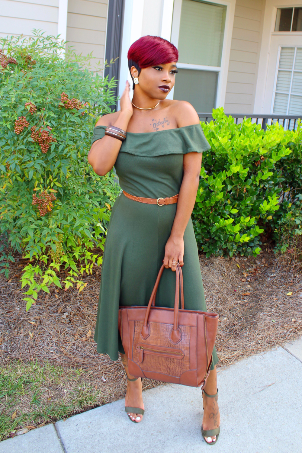 Who.What.Wear Trendy Off-Shoulders Olive Dress