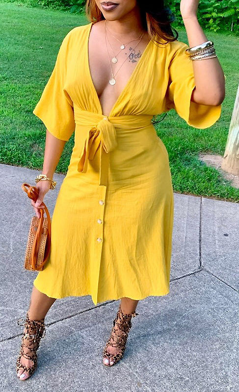 Yellow Mustard Belted Button Down Dress