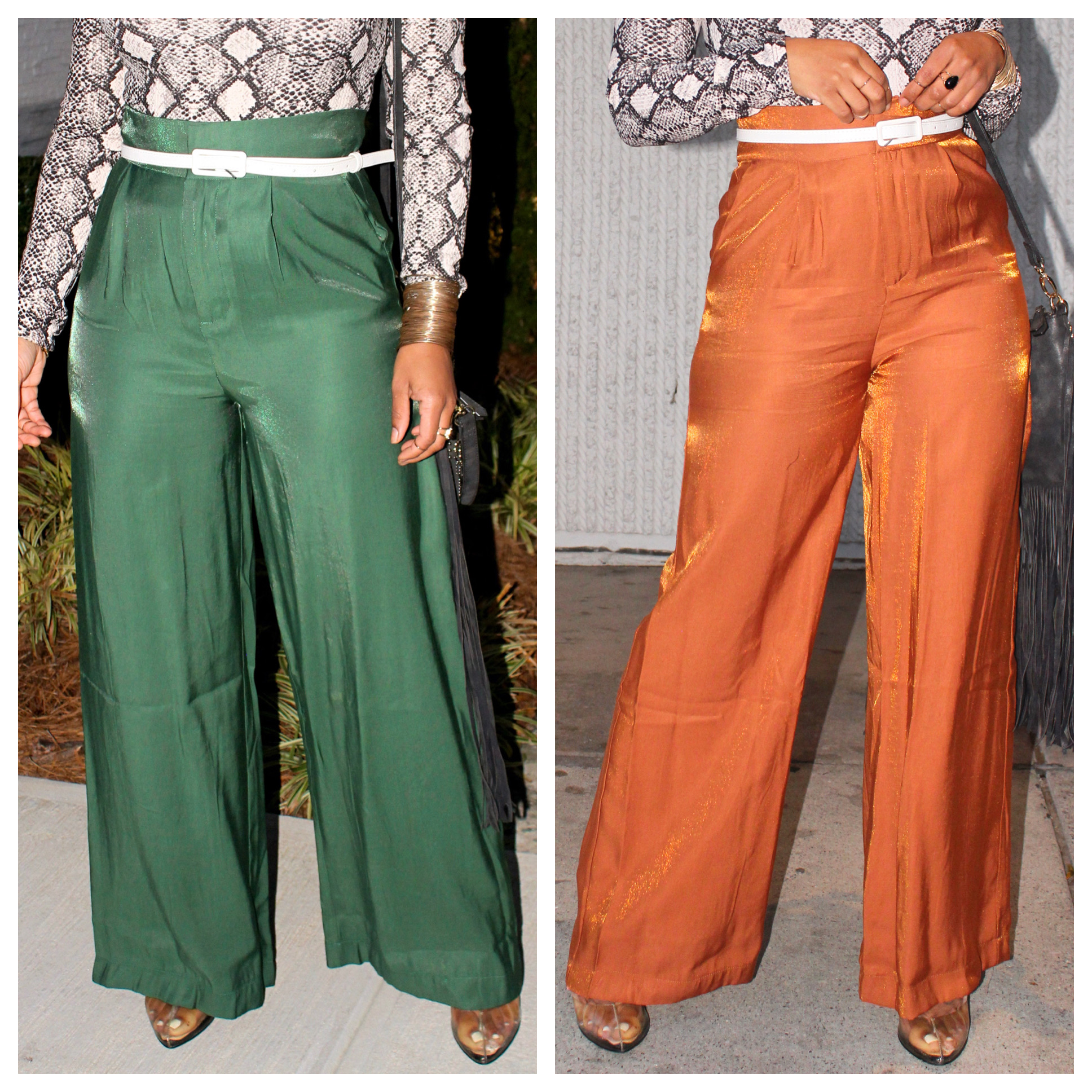 Rust & Green Shiny Wide Leg Pants