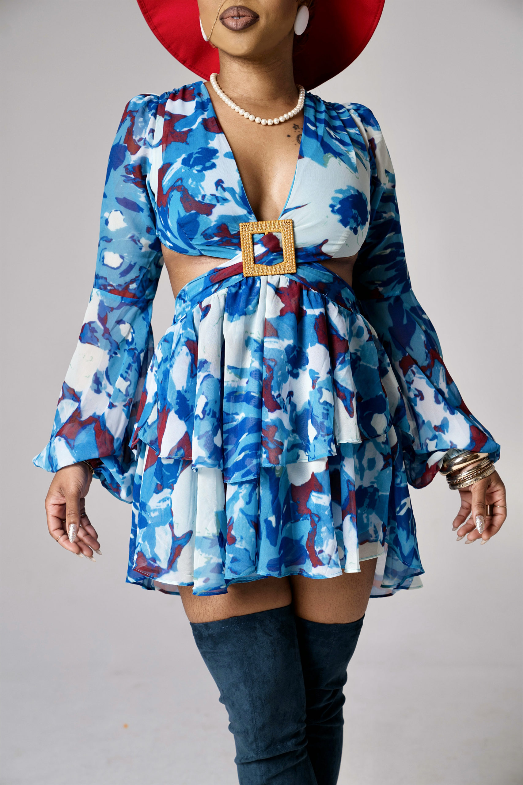 Blue Teal FLOWER PRINT RING DETAIL DRESS TIE BACK DRESS