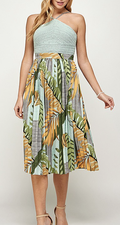 Mint Tropical Pleated Dress - DoubleOStyles